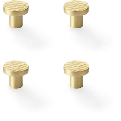 4 PACK - Slim Hammered Door Knob - Satin Brass 30mm Round Cupboard Cabinet Pull Handle