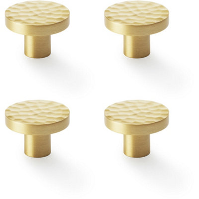 4 PACK - Slim Hammered Door Knob - Satin Brass 38mm Round Cupboard Cabinet Pull Handle