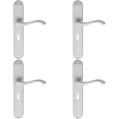 4 PACK - Slim Modern Scroll Latch & Lock Door Handle - Satin Chrome Lever on Backplate