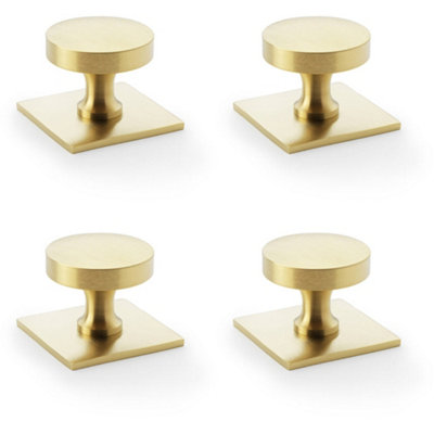 4 PACK - Slim Round Cabinet Door Knob & Matching Backplate - Satin Brass 38mm Handle