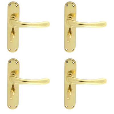 4 PACK - Smooth Rounded Bathroom Latch Door Handle - Polished Brass Lever on Backplate