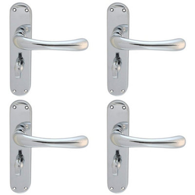4 PACK - Smooth Rounded Bathroom Latch Door Handle - Polished Chrome Lever on Backplate