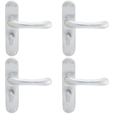4 PACK - Smooth Rounded Bathroom Latch Door Handle - Satin Chrome Lever on Backplate