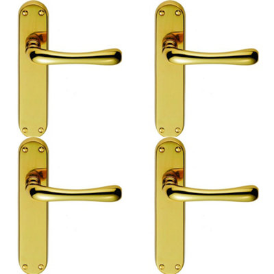 4 PACK - Smooth Rounded Internal Latch Door Handle - Polished Brass Lever on Backplate