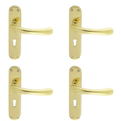 4 PACK - Smooth Rounded Latch & Lock Door Handle - Polished Brass Lever on Backplate