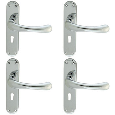 4 PACK - Smooth Rounded Latch & Lock Door Handle - Polished Chrome Lever on Backplate