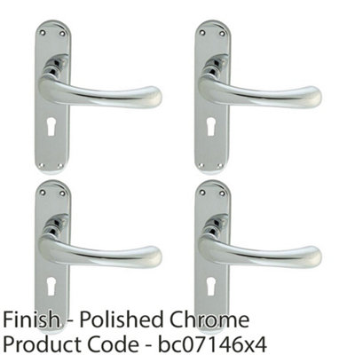 4 PACK - Smooth Rounded Latch & Lock Door Handle - Polished Chrome Lever on Backplate