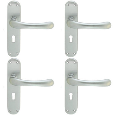 4 PACK - Smooth Rounded Latch & Lock Door Handle - Satin Chrome Lever on Backplate
