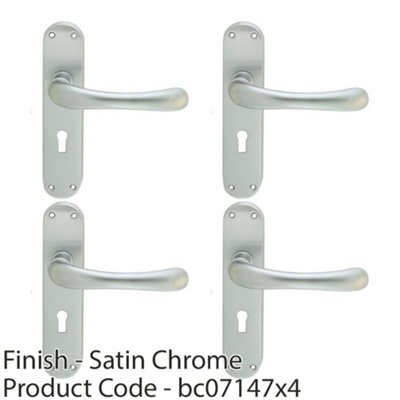 4 PACK - Smooth Rounded Latch & Lock Door Handle - Satin Chrome Lever on Backplate