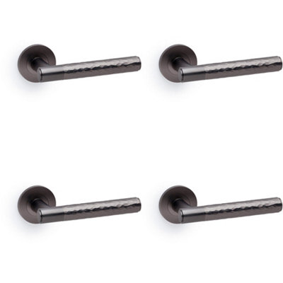 4 PACK - SOLID BRASS Hammered Door Handle Set - Dark Bronze Straight Lever on Round Rose