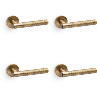 4 PACK - SOLID BRASS Hammered Door Handle Set - Italian Brass Straight Lever Round Rose