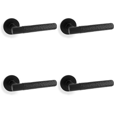 4 PACK - SOLID BRASS Hammered Door Handle Set - Matt Black Straight Lever on Round Rose