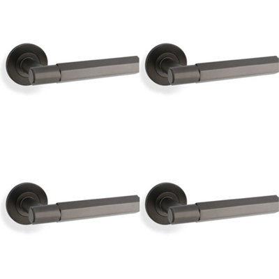 4 PACK - SOLID BRASS Hex Door Handle Set - Dark Bronze Industrial Lever Round Rose
