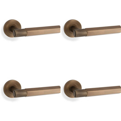 4 PACK - SOLID BRASS Hex Door Handle Set - Italian Brass Industrial Lever Round Rose