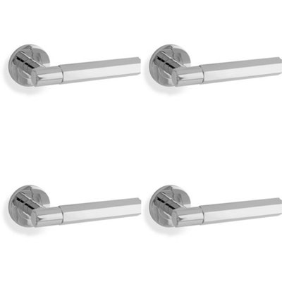 4 PACK - SOLID BRASS Hex Door Handle Set - Polished Chrome Industrial Lever Round Rose