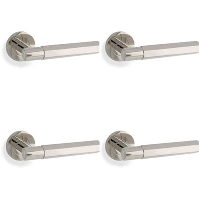 4 PACK - SOLID BRASS Hex Door Handle Set - Polished Nickel Industrial Lever Round Rose