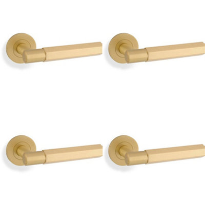 4 PACK - SOLID BRASS Hex Door Handle Set - Satin Brass Industrial Lever Round Rose