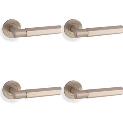 4 PACK - SOLID BRASS Hex Door Handle Set - Satin Nickel Industrial Lever Round Rose