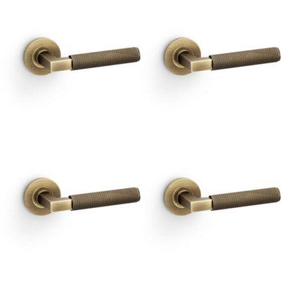 4 PACK - SOLID BRASS Knurled Door Handle Set - Antique Brass Angled Lever on Round Rose