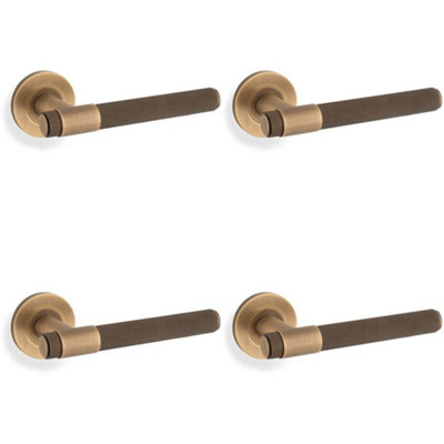 4 PACK - SOLID BRASS Knurled Door Handle Set - Antique Brass Bar Lever on Round Rose