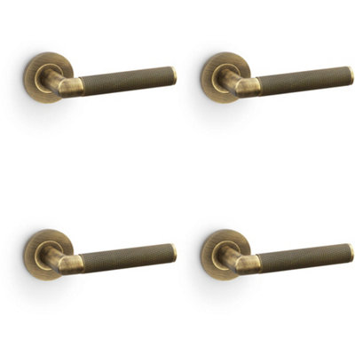 4 PACK - SOLID BRASS Knurled Door Handle Set - Antique Brass Mitred Lever on Round Rose