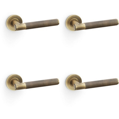 4 PACK - SOLID BRASS Knurled Door Handle Set - Antique Brass Straight Lever on Round Rose