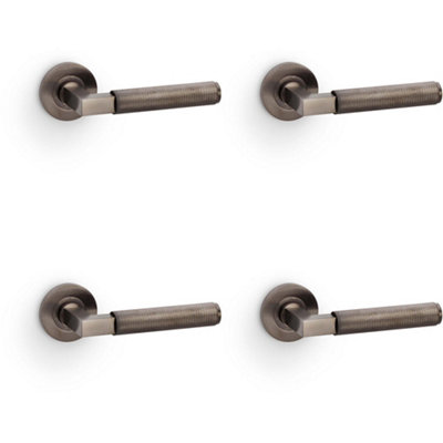4 PACK - SOLID BRASS Knurled Door Handle Set - Dark Bronze Angled Lever on Round Rose