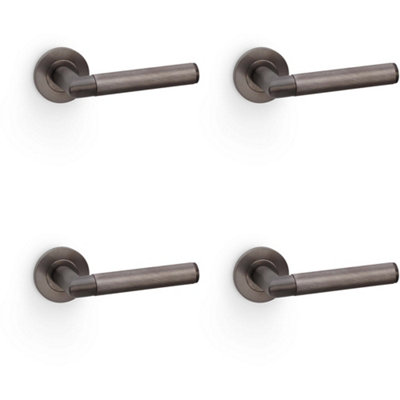 4 PACK - SOLID BRASS Knurled Door Handle Set - Dark Bronze Mitred Lever on Round Rose