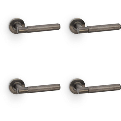 4 PACK - SOLID BRASS Knurled Door Handle Set - Dark Bronze Straight Lever on Round Rose