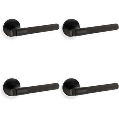 4 PACK - SOLID BRASS Knurled Door Handle Set - Matt Black Bar Lever on Round Rose