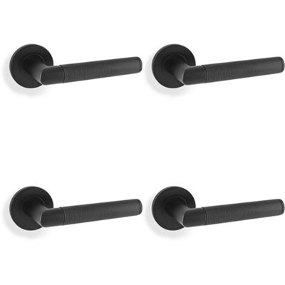 4 PACK - SOLID BRASS Knurled Door Handle Set - Matt Black Mitred Lever on Round Rose
