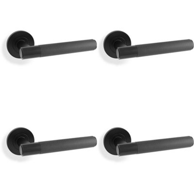 4 PACK - SOLID BRASS Knurled Door Handle Set - Matt Black Straight Lever on Round Rose
