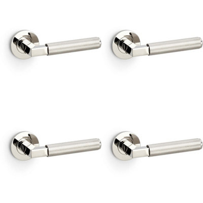 4 PACK - SOLID BRASS Knurled Door Handle Set - Polished Nickel Angled Lever on Round Rose