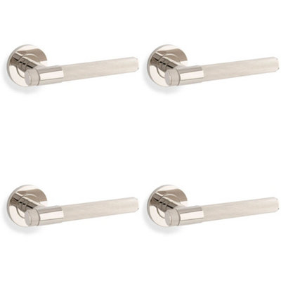 4 PACK - SOLID BRASS Knurled Door Handle Set - Polished Nickel Bar Lever Round Rose