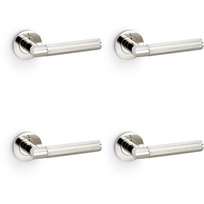 4 PACK - SOLID BRASS Knurled Door Handle Set - Polished Nickel Mitred Lever on Round Rose