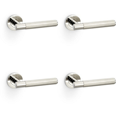 4 PACK - SOLID BRASS Knurled Door Handle Set - Polished Nickel Straight Lever Round Rose