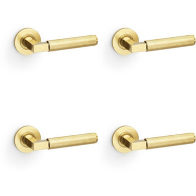 4 PACK - SOLID BRASS Knurled Door Handle Set - Satin Brass Angled Lever on Round Rose