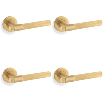 4 PACK - SOLID BRASS Knurled Door Handle Set - Satin Brass Bar Lever on Round Rose
