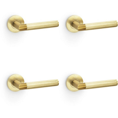 4 PACK - SOLID BRASS Knurled Door Handle Set - Satin Brass Mitred Lever on Round Rose