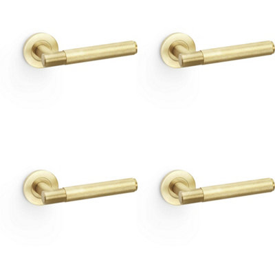 4 PACK - SOLID BRASS Knurled Door Handle Set - Satin Brass Straight Lever on Round Rose