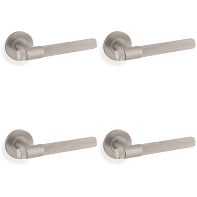 4 PACK - SOLID BRASS Knurled Door Handle Set - Satin Nickel Bar Lever on Round Rose