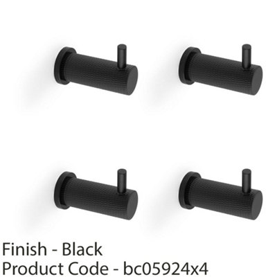 4 PACK - SOLID BRASS Knurled Single Robe Coat Hook - Wall Mounted Holder - Matt Black