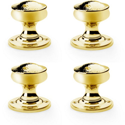 4 PACK - SOLID BRASS Mortice Hammered Georgian Door Knob - Polished Brass 50mm Diameter