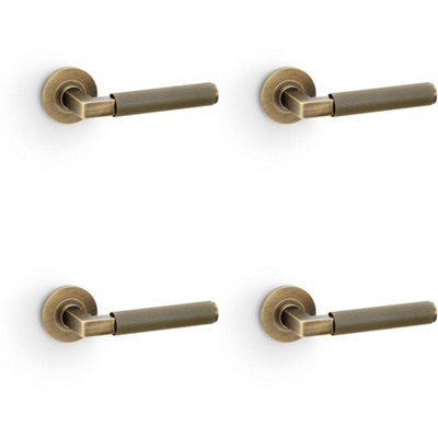 4 PACK - SOLID BRASS Reeded Door Handle Set - Antique Brass Angled Lever on Round Rose