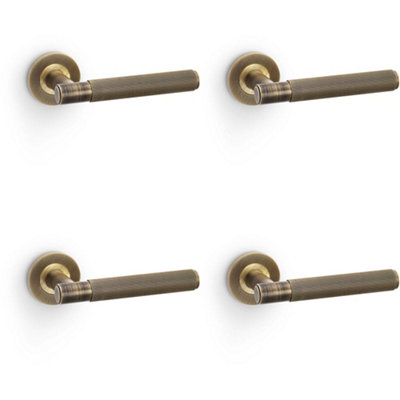 4 PACK - SOLID BRASS Reeded Door Handle Set - Antique Brass Straight Lever on Round Rose