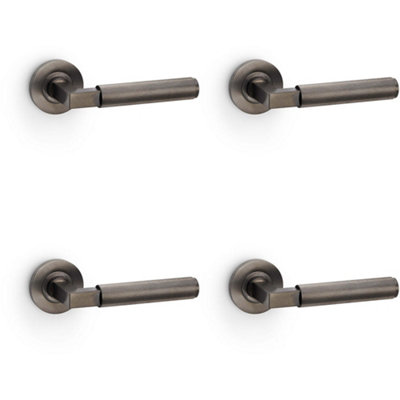4 PACK - SOLID BRASS Reeded Door Handle Set - Dark Bronze Angled Lever on Round Rose