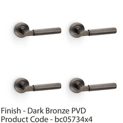 4 PACK - SOLID BRASS Reeded Door Handle Set - Dark Bronze Angled Lever on Round Rose