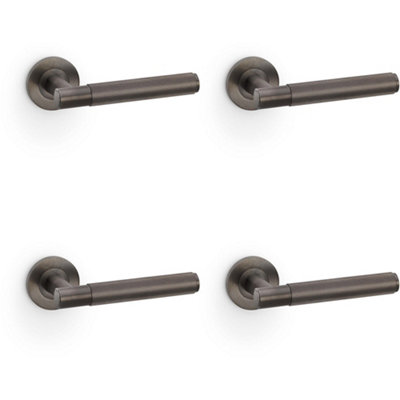 4 PACK - SOLID BRASS Reeded Door Handle Set - Dark Bronze Straight Lever on Round Rose