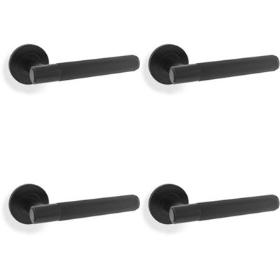 4 PACK - SOLID BRASS Reeded Door Handle Set - Matt Black Straight Lever on Round Rose