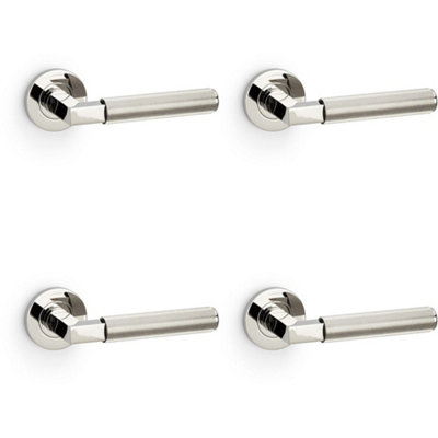 4 PACK - SOLID BRASS Reeded Door Handle Set - Polished Nickel Angled Lever on Round Rose